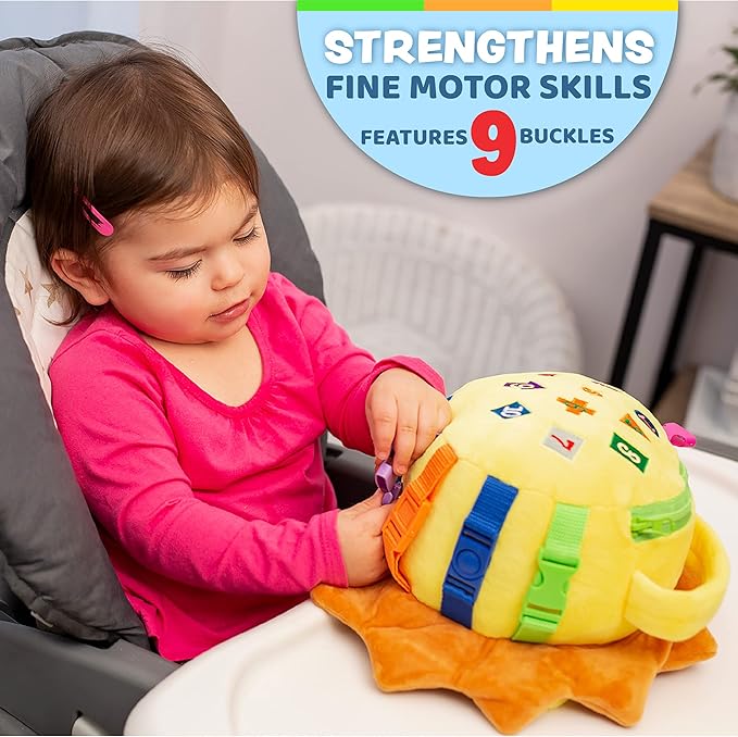 Buckle Toys Benny Lion Stuffed Animal Plush Montessori Toys for Toddlers 1-3 Sensory Toys to Develop Fine Motor Skills and Learn Shapes and Colors, Travel Essentials for Kids, Includes Storage Pocket