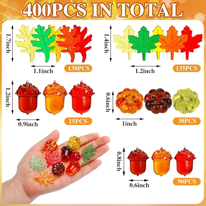 Frienda 400 Pieces Acrylic Fall Vase Filler Mini Pumpkins Leaves Maple Acorns Sensory Bin Filler for DIY Crafts Home Decoration Thanksgiving and Autumn Table Centerpieces