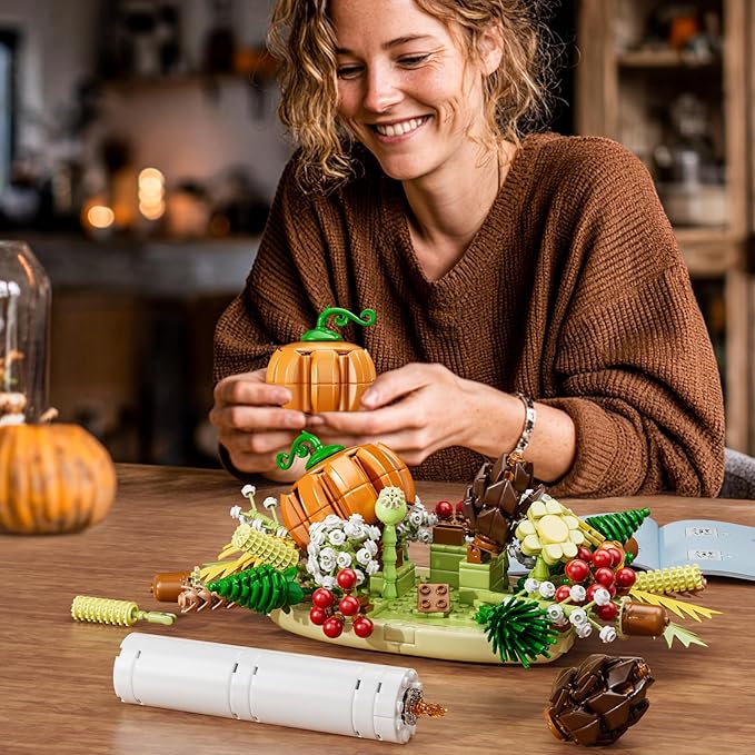 Fall Harvest Building Blocks Set – DIY Autumn Dinner Table Centerpiece Decor with White Candle, Pumpkin, Pinecones, Berries, Wheat, Thanksgiving, Halloween and Christmas Decoration (832 Pieces)