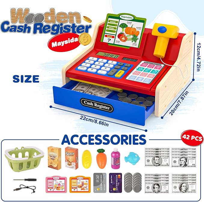 Rechargeable Wooden Cash Register for Kids, Pretend Play Calculator Cash Register Toys with Scanner, Play Money&Credit Card, Play Cash Register, Toddler Boys Girls Age 2-4 4-8
