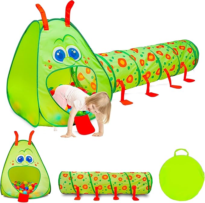 Kiddey Caterpillar Kids Play Tunnel & Tent – Toddler Crawl Tunnel + Play Tent, Pop-Up Indoor/Outdoor Ball Pit Playset (Balls Not Included), Folds Flat for Storage