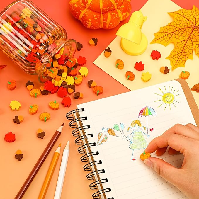 JUNEBRUSHS Fall Mini Cute Thanksgiving Mini Eraser Bulk Set of 150 Pcs, Maple Leaf Novelty Pencil Eraser Pack for Kids, Homework Rewards, Party Favors