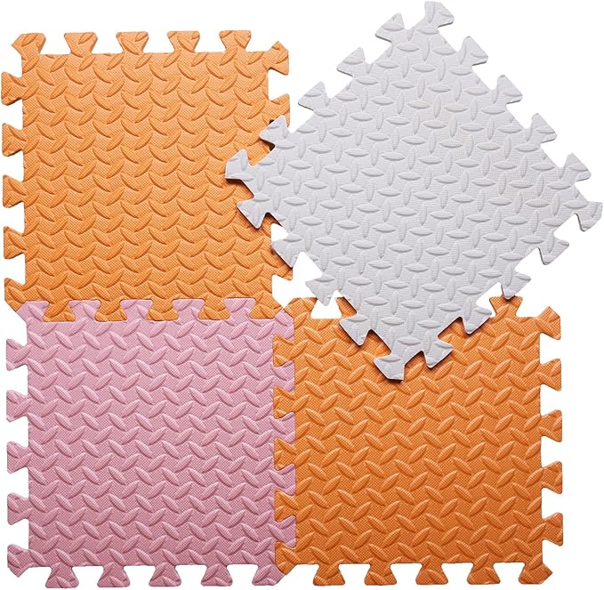 Foam Play Mat for Baby, 0.4 Inch Thick Foam Interlocking Floor Mats, Soft Non-Toxic Baby Playmat, Solid Colored Puzzle Play Mat Kids Floor Mats, 16 Tiles, White/Orange/Loli Pink