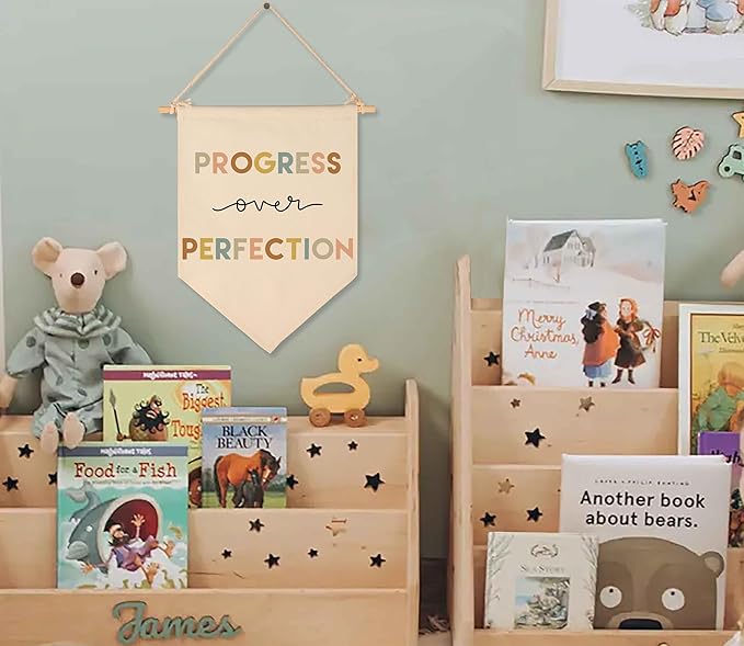 Progress Over Perfection-Teacher Gift-Classroom Wall Decor-Reading Room Nursery Decor-Canvas Hanging Pennant Flag Banner Wall Sign-Positive Affirmation Inspirational Growth Mindset-Mental Health