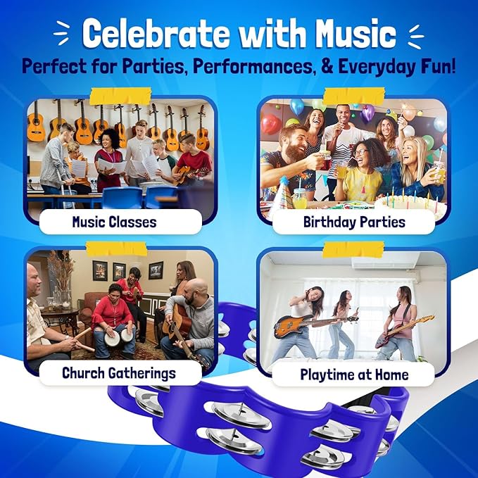 Flexzion Flower Tambourine - 8 Inch Handheld Percussion Instrument w/Metal Jingles & Ergonomic Grip - Small Tambourines for Adults, Kids, Church, Parties, & Musical Events (Blue)