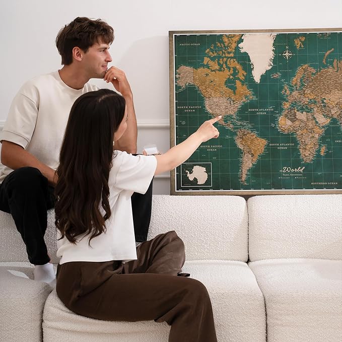 Canvas World Map with Cork Pin Board - English Lettering - Decorative Wall Decoration for All Rooms - Canvas Pictures with World Map Motif (70x50 cm, Pattern 4)