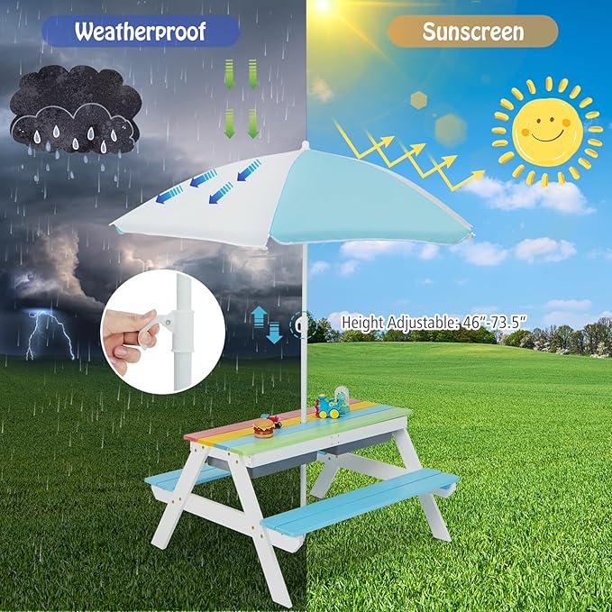 HONEY JOY Kids Picnic Table, 4 in 1 Cedar Wooden Sand & Water Table w/ 2 Removable Box & Umbrella, Kids Picnic Tables for Outdoors Backyard Garden, Toddler Patio Furniture Set for Boys Girls(Blue)