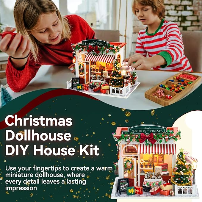 Christmas Miniature Dollhouse Kits, DIY Miniature House Kit, Tiny House with LED, Christmas Village Houses Set, 3D Wooden Puzzle Mini House, Gift for Adults