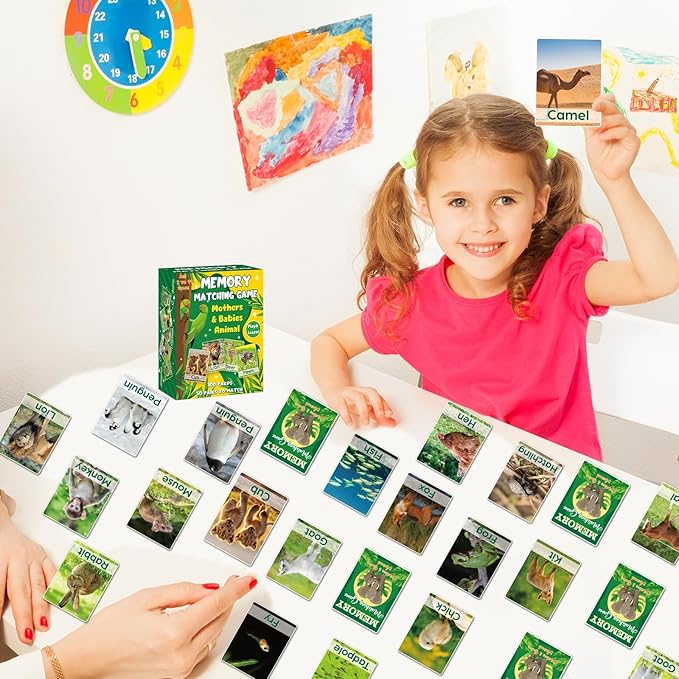 gisgfim 50 Pairs Memory Matching Game Adult & Baby Animal Memory Games Educational Matching Game for Kids and Adults A Fun & Fast Animal Memories Games Toddlers Preschool Family Board Gift