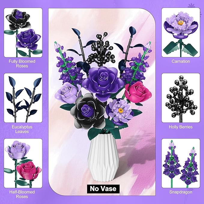Purple Roses Bouquet Building Set for Kids Ages 6+, 701PCS Artificial Flowers Bouquet Home Office Decor for Adults Women Teengirls, Gift for Birthday Valentine's Day Halloween Christmas