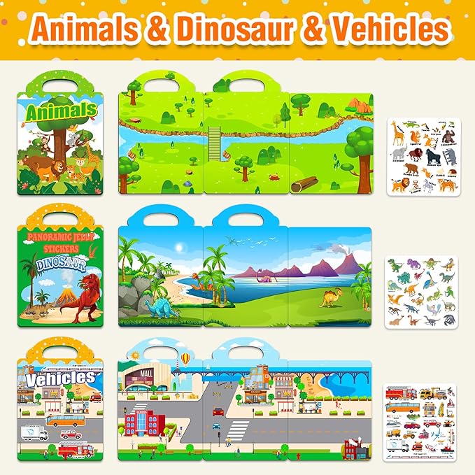 3 Sets Reusable Sticker Books for Toddlers 1-3, Removable Jelly Sticker Books for Kids 2-4 Years, Toddler Travel Toys Activity Book Trip Essentials for Kids- Animal, Dinosaurs and Vehicle