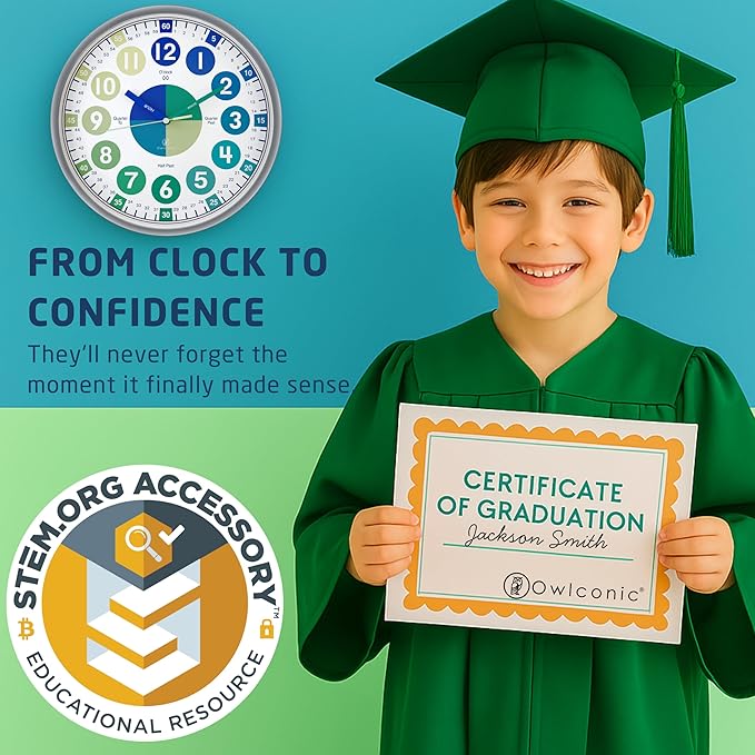 OWLCONIC Kids Analogue Time Teaching Clock Blue Green
