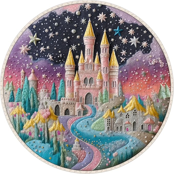 Colorful Fairy Castle Puzzles for Adults 1000 Pieces, Fantasy Rainbow Sky River Jigsaw Puzzles, Round Challenging Impossible Puzzle as Wall Decor