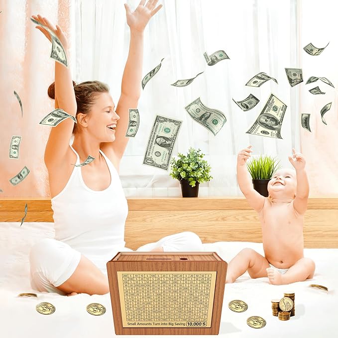 Piggy Bank for Adults Kids, Wooden Coin Bank for Boys and Girls, Cash Vault Money Saving Box with Counter $10000 $5000 Savings Challenge Money Box with Money Target and Numbers (Brown Box+ 13 Sheets)