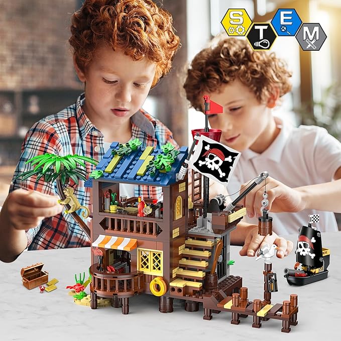 3 Style Pirate Ship Wharf Building Set with LED Light - 781PCS Medieval Pirate's House Building Block Toy, Architecture Bricks Kit for Kids Girls Boys Ages 6-12+ Birthday Gifts