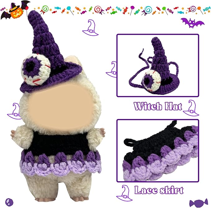 Halloween Clothes for 17cm Doll Outfits, Hat Dress Set for 17cm Dolls, Stylish Adorable Halloween Clothes Accessories (No Doll)