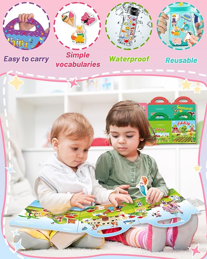 3 Pack Reusable Sticker Book for Toddlers, Toddler Sticker Book for Kids, Toddler Activities Crafts Preschool Learning Travel Birthday Gifts for Boys Girls - Farm, Fairy Tale and Season