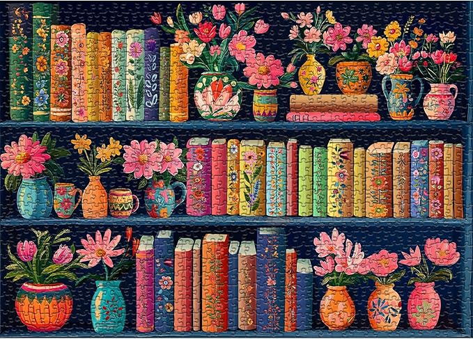 Blooming Bookshelf Jigsaw Puzzles 1000 Pieces, PICKFORU Wildflower Pages Puzzle, Plant Floral Flowers Books Literary Themed, Colorful Art Library Impossible Challenging Puzzles for Adults