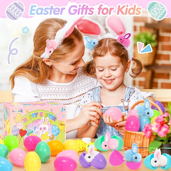 SevenQ Easter Eggs Fillers with Bunny Hair Clips Colorful 24 Pack, Easter Basket Stuffers Party Favors Gift Bags for Kids Cute Stuff Plush Fidget Toys Classroom Treasure Box Egg Hunt Games Supplies