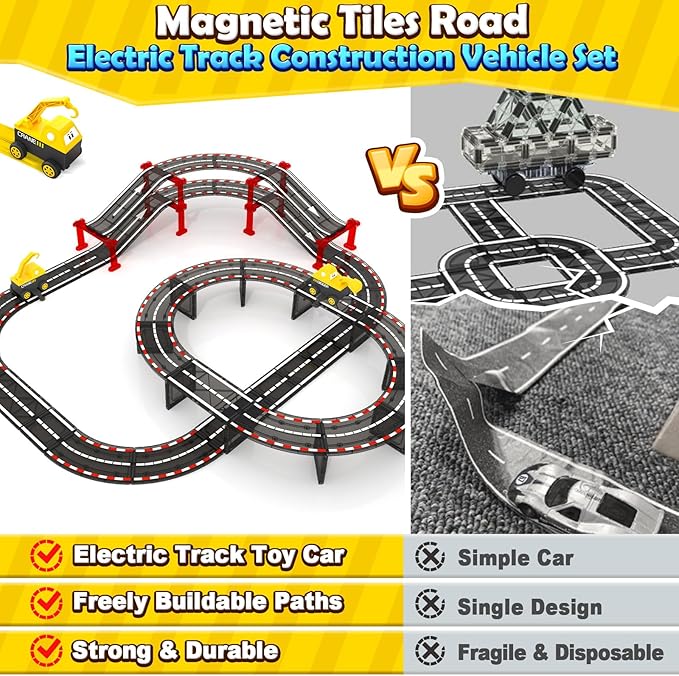 Magnetic Tiles Road Race Track with Engineering Car, Magnetic Building Blocks for Toddler Kids Toys, Educational Construction Toys Gift for 3+ Year Old Boys and Girls