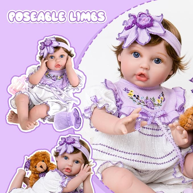 Aori Reborn Baby Dolls - 22 Inch Realistic Lifelike Baby Girl - Handmade Vinyl Reborn Doll with Feeding Set & Purple Outfit | Newborn Baby Doll for Kids 3+, Collectors, Role Play