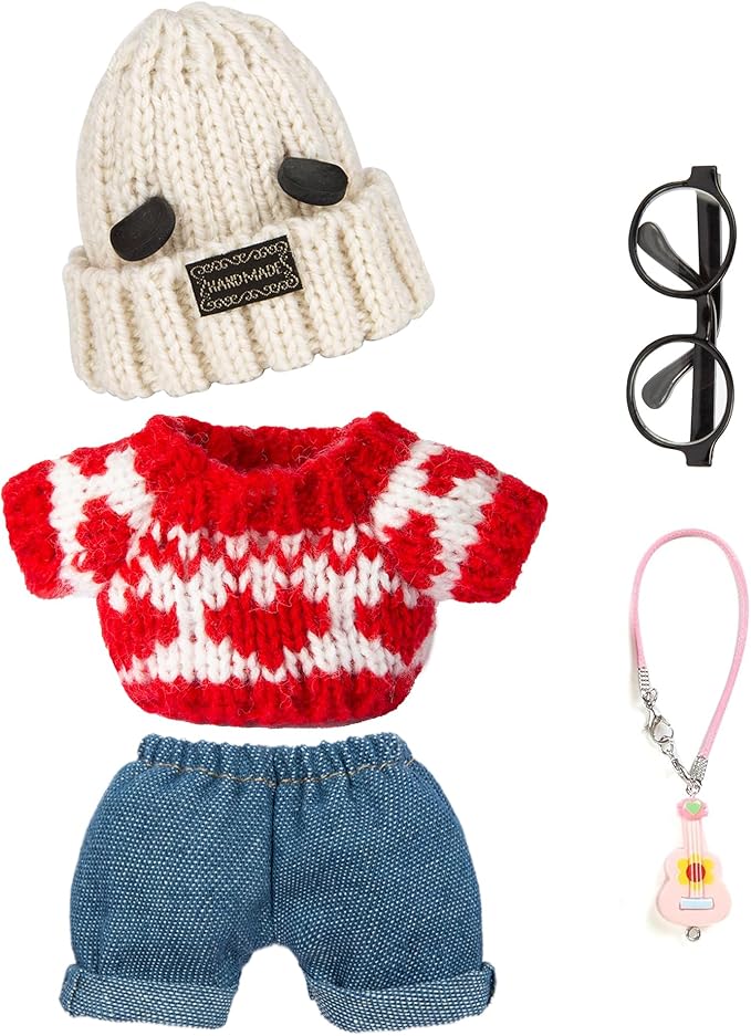 5 Pieces Doll Clothes for Labubu - Kawaii Chic Style Set for 17cm Dolls, Cute Doll Outfit with Accessories - Grey Bear Ears Hat + Red Sweater + Blue Jeans + Glasses + Small Guitar (Clothes Only)