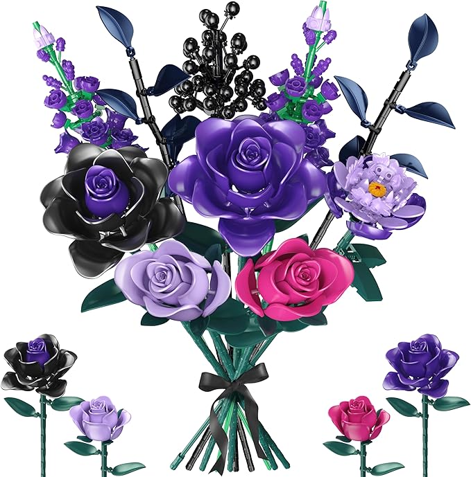 Purple Roses Bouquet Building Set for Kids Ages 6+, 701PCS Artificial Flowers Bouquet Home Office Decor for Adults Women Teengirls, Gift for Birthday Valentine's Day Halloween Christmas