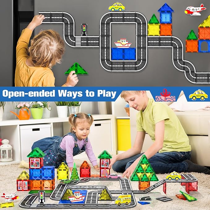 Magnetic Tiles Road Toys for 3+ Year Old Toddler, Magnetic Blocks Building Toys for Kids Ages 3-5 5-7 Girls Boys, STEM Montessori Sensory, Classroom Must Haves