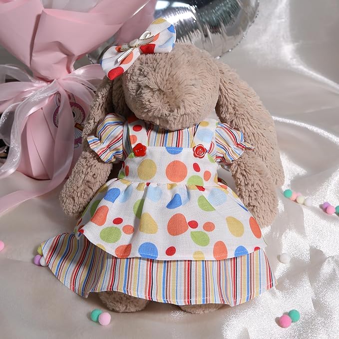 31cm(12") Bashful Bunny Clothes, Cute Plush Animal Clothes for Meddium Teddy Bear - Colorful Two-Piece Dress & Bow Clip Set (Clothes Only)