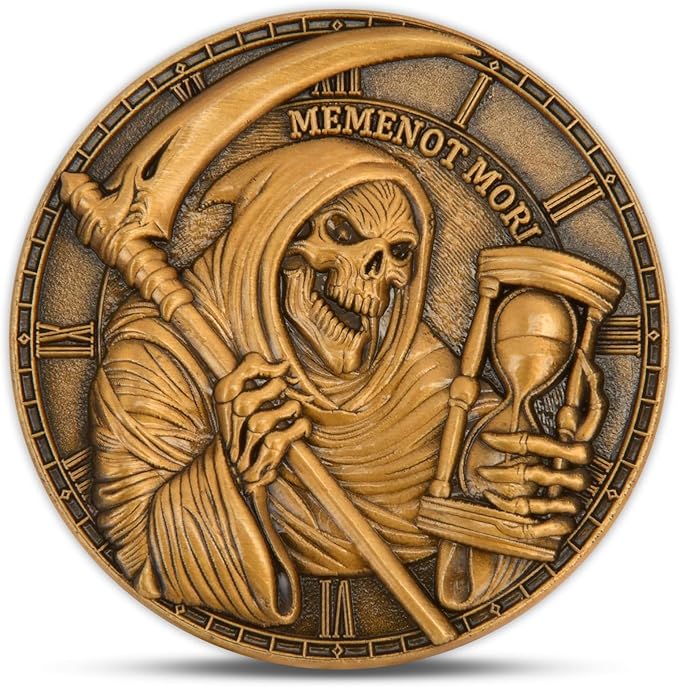 Memento Mori Challenge Coin - Hourglass & Scythe Design with Latin Inscriptions, Embrace Life’s Transience with Inspirational Design (Single Coin)