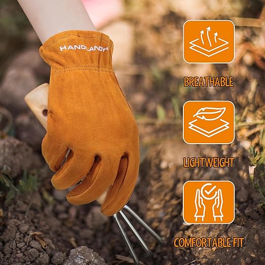 HANDLANDY 2 Pairs Kids Genuine Leather Work Gloves for ages 3-11, Children Gardening Gloves for Boys, Girls (Medium (for age 5-7), Orange)