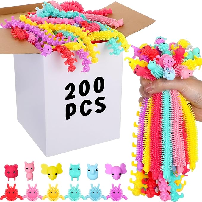 Chivao 200 Pack Bulk Stretchy String Fidget Toys Animal Sensory Toys for Kids and Adults Colorful Fidget Worm Stress Anxiety Relieve Party Favors Goodie Bag Fillers Birthday Gifts (Cute Style)