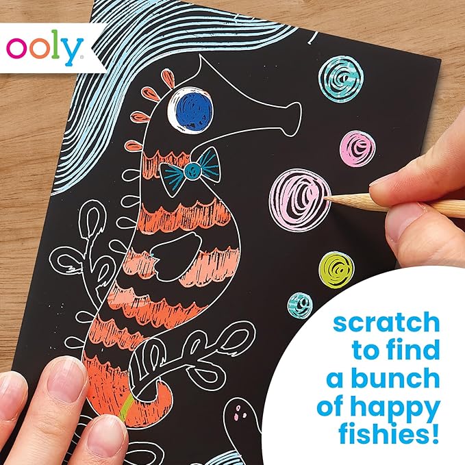 Ooly Mini Scratch & Scribble Art Kit - 6 Card Rainbow Scratch Art Set Gifts for Kids, Travel-Friendly Craft Kit, Scratching Tool Included - Friendly Fish