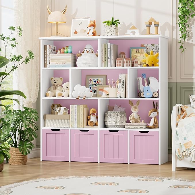 FINETONES Toy Storage Organizer, Kids Bookshelf with 4 Movable Chests and 7 Storage Cubes, Toy Chest Storage with Hidden Wheels, Toy Organizers and Toy Storage, Pink