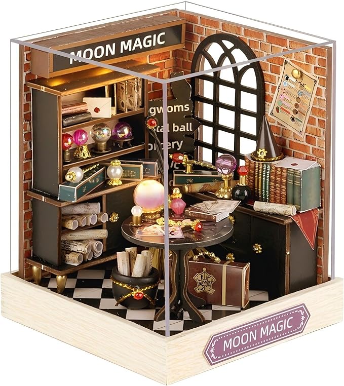 OZJAY DIY Miniature House Kit with Dust Proof Cover, 1:24 Scale Creative Room Mini DIY Wooden Dollhouse Miniature Kit for Adults Teen(Moon Magic)