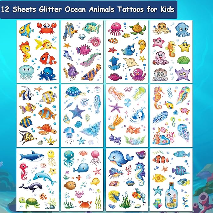 Glitter Ocean Sea Animals Temporary Tattoos for Kids - 120+ Cartoon Ocean Animal Fake Tattoos for Girls Boys Birthday Party Supplies Favors, Baby Shower