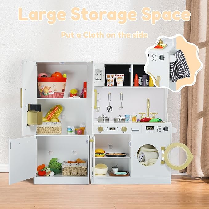 Play Kitchen Sets for Kids, Pretend Wooden Kids Kitchen Playset, Interactive Toy Kitchen with Freezer, Washing Machine, Ice Maker & Large Storage Space, for Boys Girls Ages 3+, White