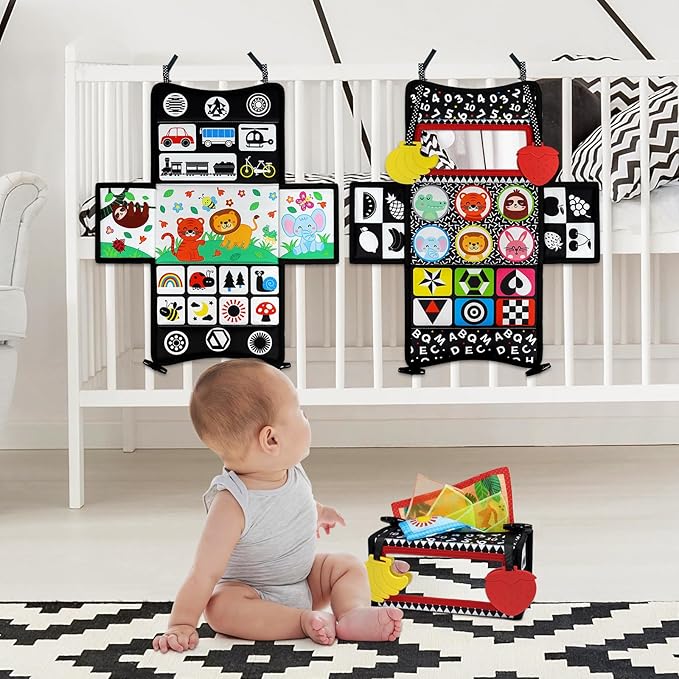 Dr.Rapeti Tummy Time Mirror, Tissue Box Toy, 3in1 Black and White High Contrast, Double-Sided Foldable Sensory Montessori Toy, Crinkle Silk Scarves Teethers 0-6 6-12 Month Newborn Infant Baby