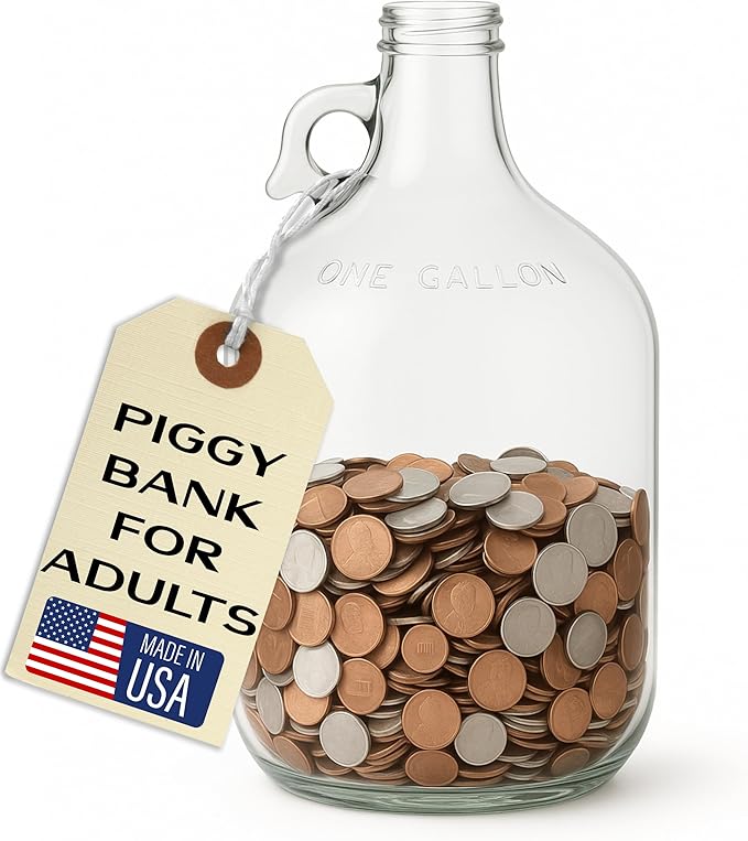 Piggy Bank for Adults - Large Coin Bank Glass Jar - for Saving Money & Small Change - Gallon Jug Made in USA