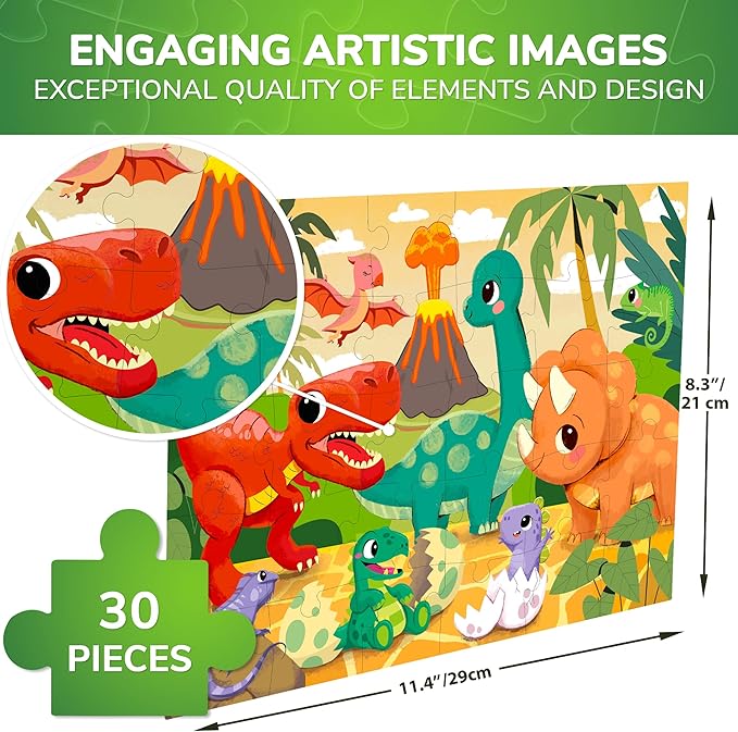 QUOKKA Puzzles for Kids Ages 3-5 - 30 Pieces Puzzles for Toddlers 2-4 - Dinosaurs Learning Jigsaw Puzzles for Kids 4-6 Years Old - Educational Toys for Boy and Girl