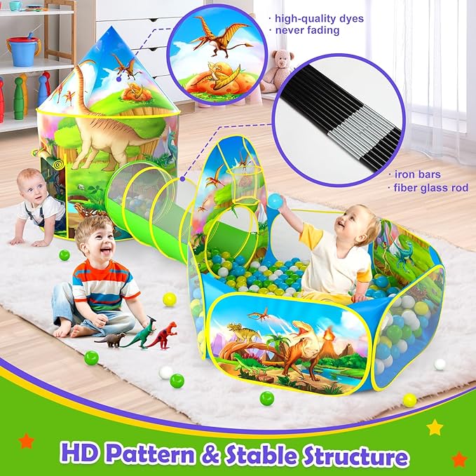 PigPigPen 3pc Dinosaur Play Tent for Kids with Big Roar Button, Baby Ball Pit, Crawl Tunnel, Castle Tents for Toddlers, Children Indoor & Outdoor Playhouse Toys, Perfect Kid’s Gifts
