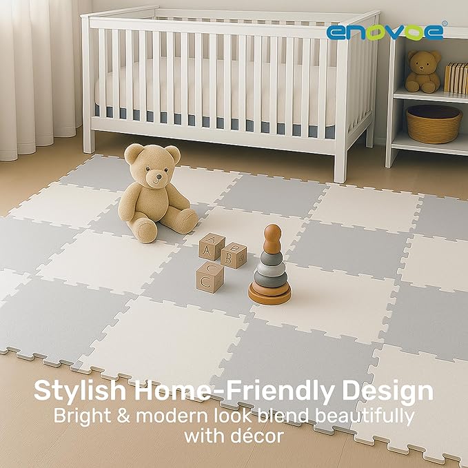 Enovoe Soft Baby Play Mat - Non-Toxic, Interlocking EVA Foam Tiles, 16 Pieces - Safe, Cushioned Floor Play Area for Kids, Infants & Toddlers - Ideal for Playrooms, Nurseries, and Home Gyms (12" x 12")