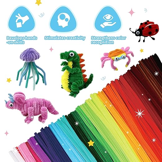 1200 Pcs Chenille Pipe Cleaners for Crafts – 24 Assorted Colors Fuzzy Sticks, DIY Art Supplies for Kids, Classroom Projects & Decorations