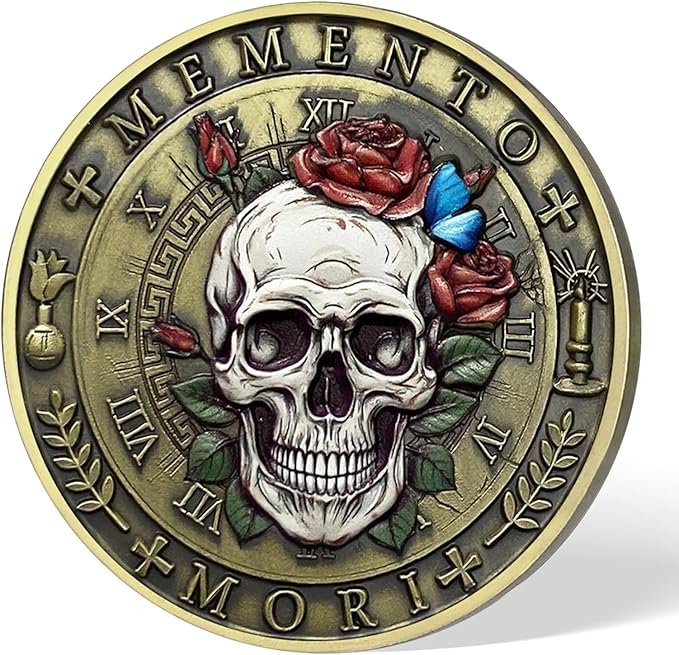 AtSKnSK Memento Mori Coin Momento Mori Coin Skull Coin Stoic Gifts Memento Mori Calendar Living Memento Mori Amor Fati Coin (Moth Rose Skull)