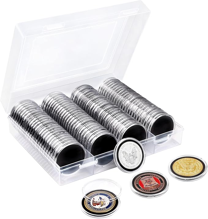SPLF 100pcs Clear Plastic Coin Capsules, Coin Holder for Collectors, Coin Collection Case with Adjustable Gasket (20/25/30/35/40.6/46mm) for Silver Eagle Liberty Coin & JFK Half Dollar & Bitcoin More