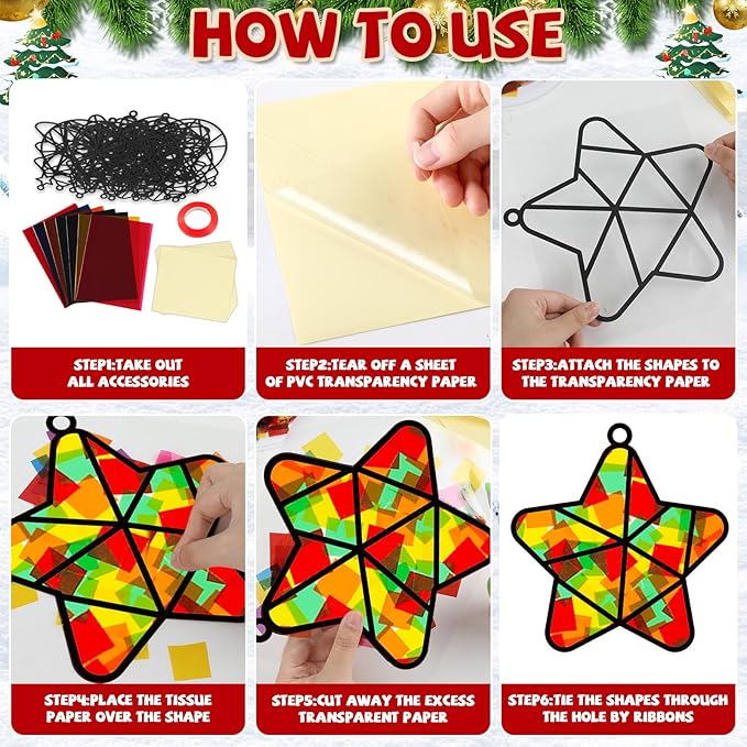 QOUBAI 32 Sets Christmas Theme Suncatchers Craft Kit DIY Window Stained Glass Effect Christmas Theme Paper Crafts Home School Classroom Decoration Kid Birthday Gift Creative Art Project Activity Game