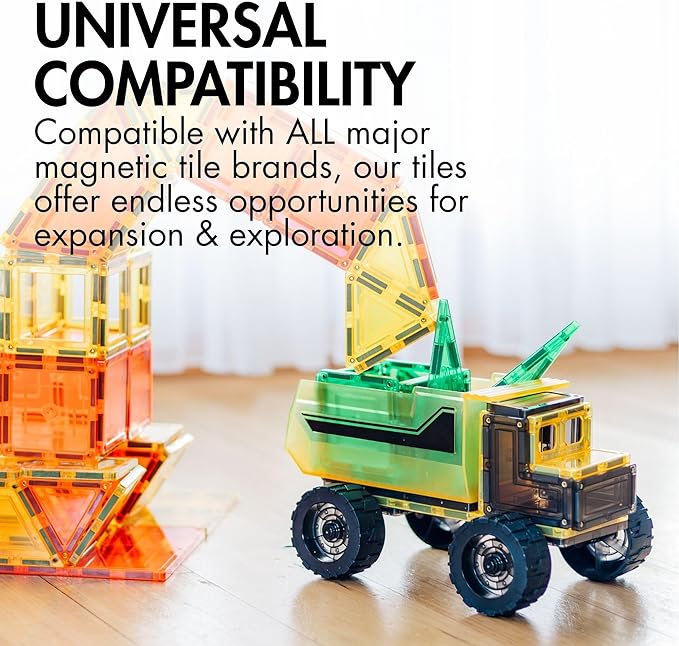 Learn & Grow Mega Movers - Magnetic Tiles Construction Trucks – Magnetic Build a Truck Set with 2 Jumbo Magnet Car Vehicles & Moveable Rubber Wheels – Durable STEM Building Toy for Kids Ages 3+