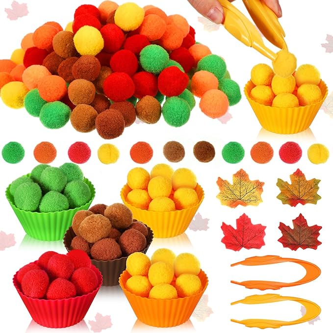 Hotop 312 Pieces Fine Motor Toys Counting Sorting Fall Thanksgiving Decorations 100 Pcs Assorted Pompoms 200 Pcs Artificial Maple Leaves 2 Pcs Tweezers 10 Pcs Cups for Autumn Thanksgiving Decoration