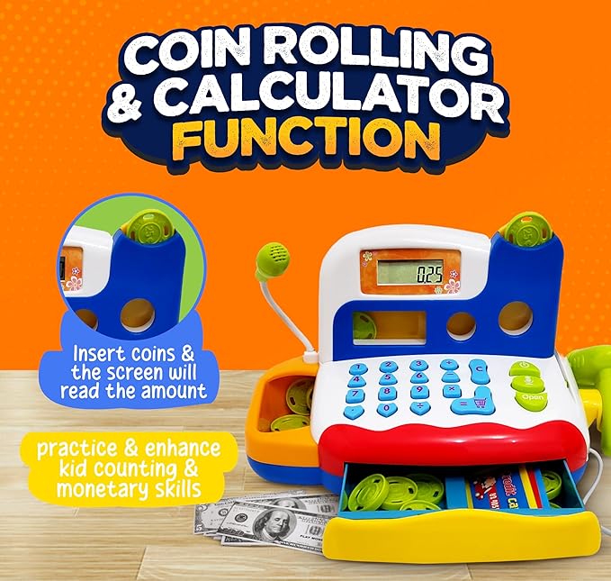 FUNERICA Toy Cash Register - with Large Interactive Coins Great for Toddlers - Scanner, Microphone, Calculator. Includes Grocery Food, Cuttable Fruit, Pretend Play Money - for Toddlers and Kids