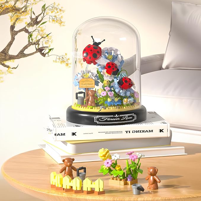 HI-REEKE Flower Ladybug Bouquet Building Block Set, Micro Mini Botanical Building Toy for Women-596 PCS